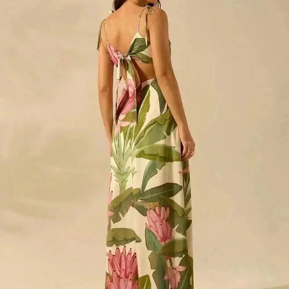 Multicolor Boho Women's Banana Tree Print Sleeveless Spaghetti Strap Dress - Picture 3 of 7